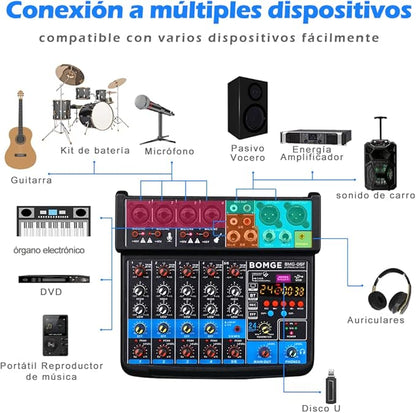 BOMGE 6 Channel mini DJ Audio sound mixer console with USB interface, Bluetooth, Stereo Recording, 48V Phantom Power, 24 DSP effects for karaoke, singing, live，streaming，pc recroding. (white)