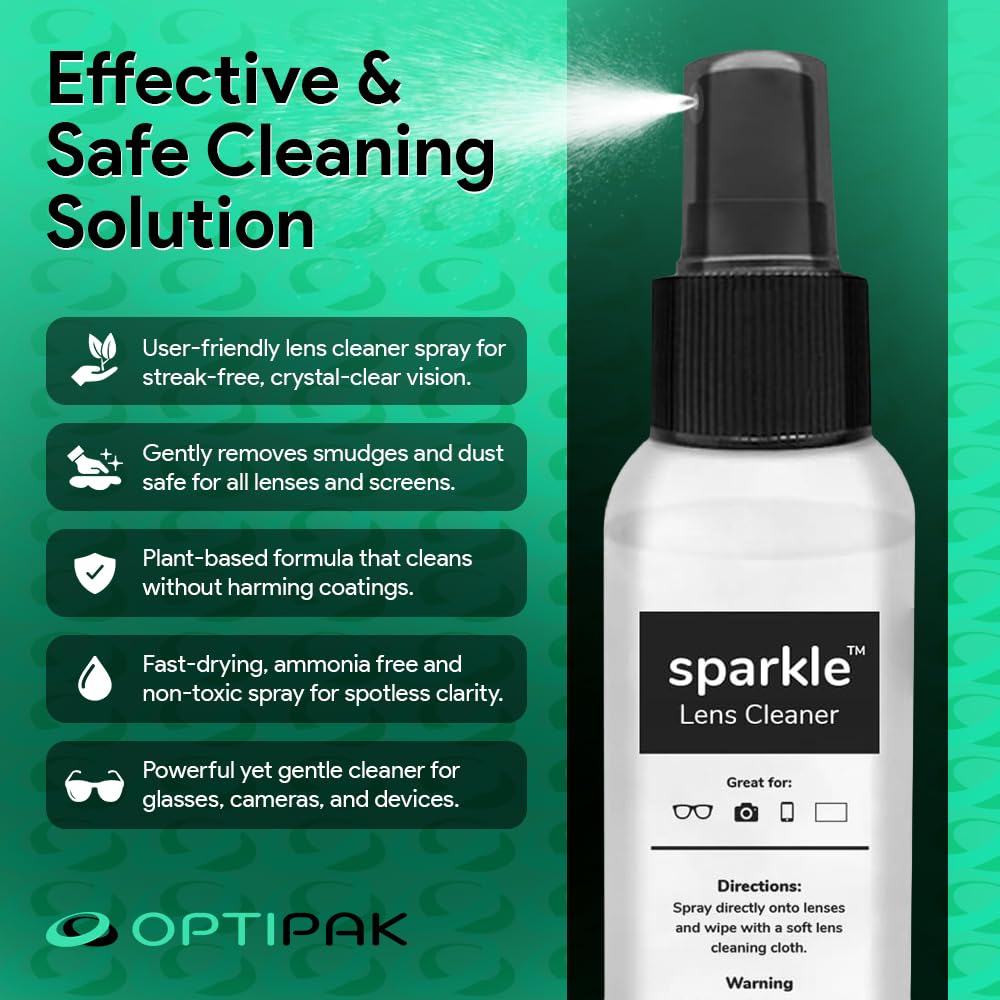 OPTIPAK Sparkle Anti-Reflective Lens Cleaner Spray kit | (1) 2oz Glasses Cleaner Spray + (1) Microfiber Cloth for Eyeglasses, Sunglasses, Lenses, Screens and Camera Cleaning Kit (2 Piece Set)