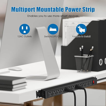 HHSOET Rotating Mountable Power Strip, 12 Outlet Wall Mount Surge Protector, Metal Heavy Duty and Versatile Outlet Strip, Stylish Appearance, Sturdy and Durable, 3ft Power Cord.(Black)