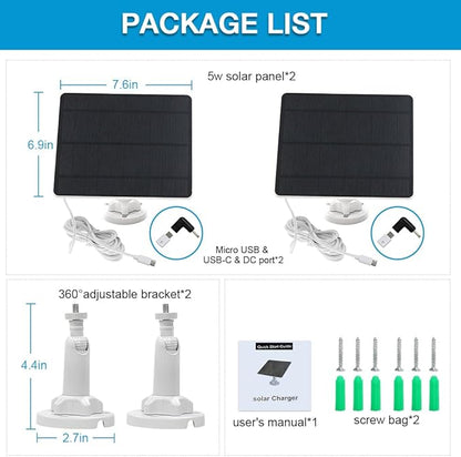 Solar Panel for Security Camera,5W USB Solar Panel for Cameras DC 5V,Camera Solar Panel Charger Micro USB & USB-C & DC,IP65 Waterproof Solar Panels with 9.8ft Cable,Adjustable Security Mount(2 Pack)