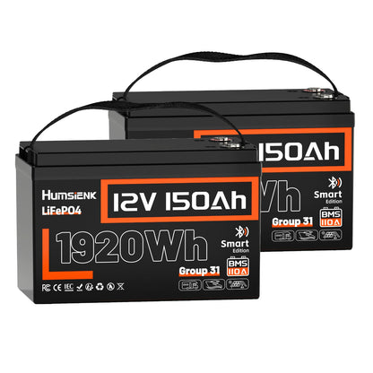 12V 150Ah LiFePO4 Lithium Battery BCI Group31 Bluetooth 2Pack,Built-in 110A BMS, Deep Cycle Battery for Solar, RV, Marine, Off-Grid Applications - 15000+ Life Cycles, Safe & Lightweight