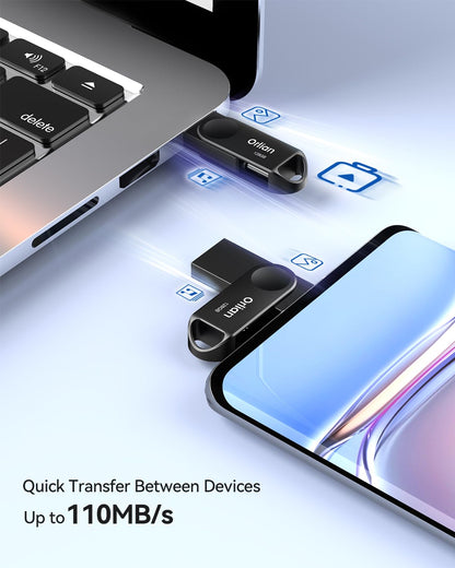 Orlian 2PCS 128GB USB C Flash Drive for Phone, Dual USB 3.0 Phone Thumb Drive Type-C & USB-A, up to 110MB/S Metal Waterproof Swivel Memory Stick for iPhone 15/16/17, Android, Tablet, Computer PC