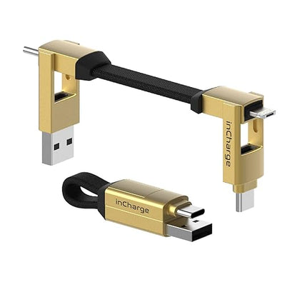 Rolling Square inCharge 6 - Keychain USB C Charger Cable, Lightning Cable and Micro-USB for Smartphone, Universal Cable Charger 6 in 1, USB Plug, 15W, Gold