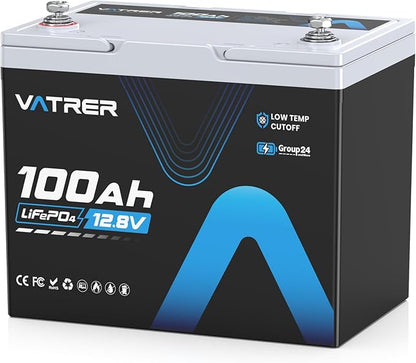 12.8V 100Ah Upgrade Group 24 Lithium LiFePO4 Battery, Built-in 100A BMS Rechargeable Battery, Low/High Temperature Cutoff Protection, Perfect for RV, Boat, Off-Grid, Solar Energy System, Backup Power