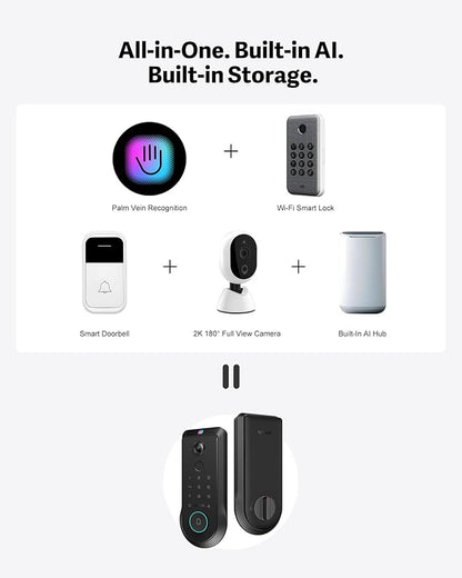 Lockin Veno Pro Palm Vein Video Smart Lock with 2K 180° Camera, Fingerprint Recognition, AI Motion Detection, IP65 Weatherproof, Remote App Control, 32GB Built-in Storage, No Monthly Fee