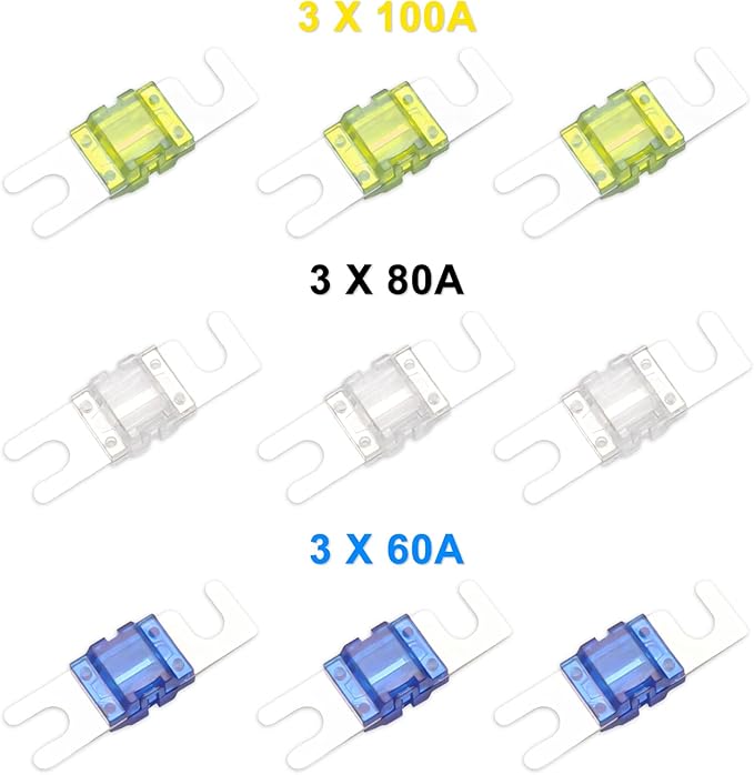 Recoil MFH13 3-Way Mini-ANL Fused Distribution Block, 3 X 0/2/4 Gauge in / 3 X 4/8 Gauge Out Fused Distribution Block with 60A, 80A, 100A Fuses, Solid Brass for Maximum Power Transfer