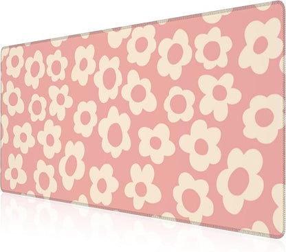 Mouse Pad, Large Pink Groovy Flowers Desk Mat, Extended Non-Slip Gaming Keyboard Mousepad Desk Pad, Thick Stitched Edges Waterproof Mouse Mat 31.5"x15.7" (Vintage Floral)