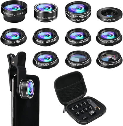 Phone Camera Lens Kit, 11 in 1 Cellphone Lens Kit for iPhone and Android, 0.63X Wide Angle+15X Macro+ 198°Fisheye+Telephoto+CPL/Flow/Radial/Star/Soft Filter+Kaleidoscope Lens