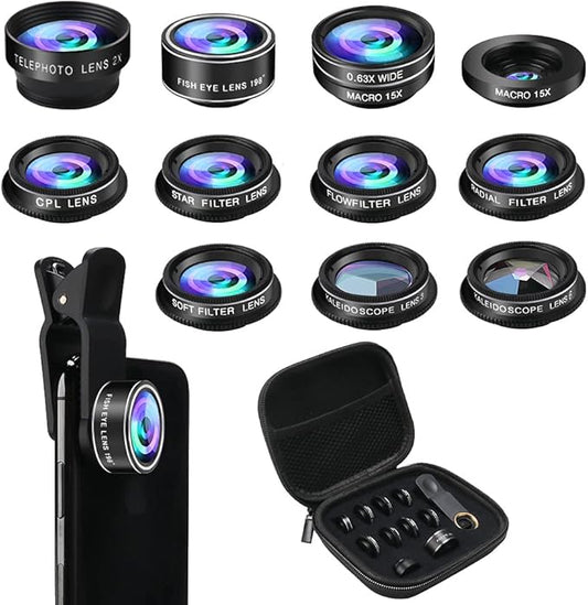 Phone Camera Lens Kit, 11 in 1 Cellphone Lens Kit for iPhone and Android, 0.63X Wide Angle+15X Macro+ 198°Fisheye+Telephoto+CPL/Flow/Radial/Star/Soft Filter+Kaleidoscope Lens