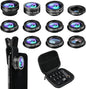 Phone Camera Lens Kit, 11 in 1 Cellphone Lens Kit for iPhone and Android, 0.63X Wide Angle+15X Macro+ 198°Fisheye+Telephoto+CPL/Flow/Radial/Star/Soft Filter+Kaleidoscope Lens