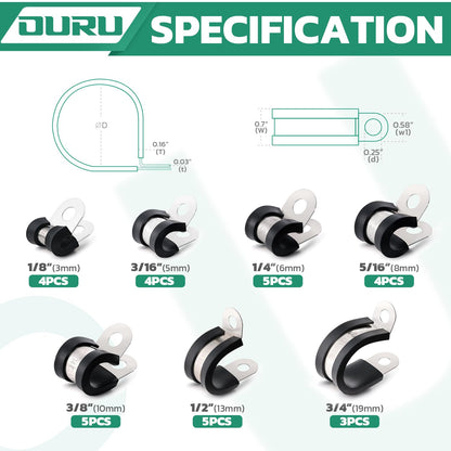 OURU 30PCS Cable Clamps Assortment Kit,Rubber Coated, 1/8"-3/4" 7 Sizes