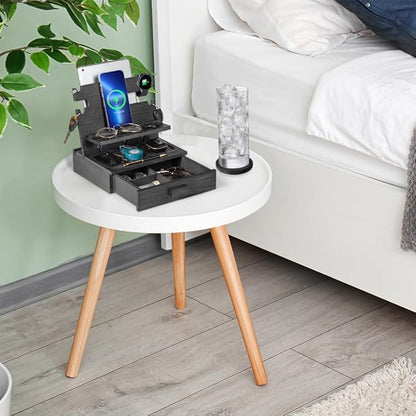 Black Wood Phone Docking Station for up to 3 Phones, Samsung Galaxy Watch Compatible Nightstand Organizer with Drawer for Valuables for Men & Women, Holds Phones, Tablets, Keys, Rings, Glasses, EDC