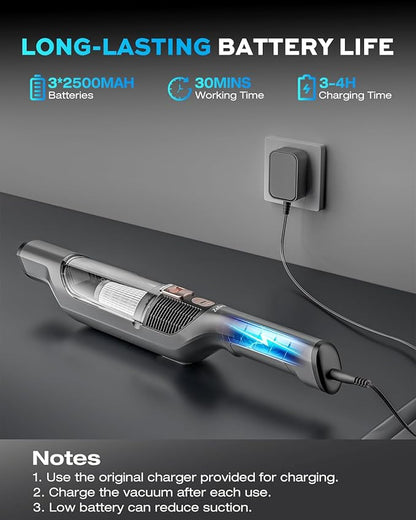 Zefiro Handheld Car Vacuum Cleaner, 22KPa Hand Held Vacuum Cordless Rechargeable with 2 HEPA Filters, 2 High Powerful Suction, 2 Nozzles, Portable Mini Dustbuster for Car, Home, Office, Pet Hair, S10