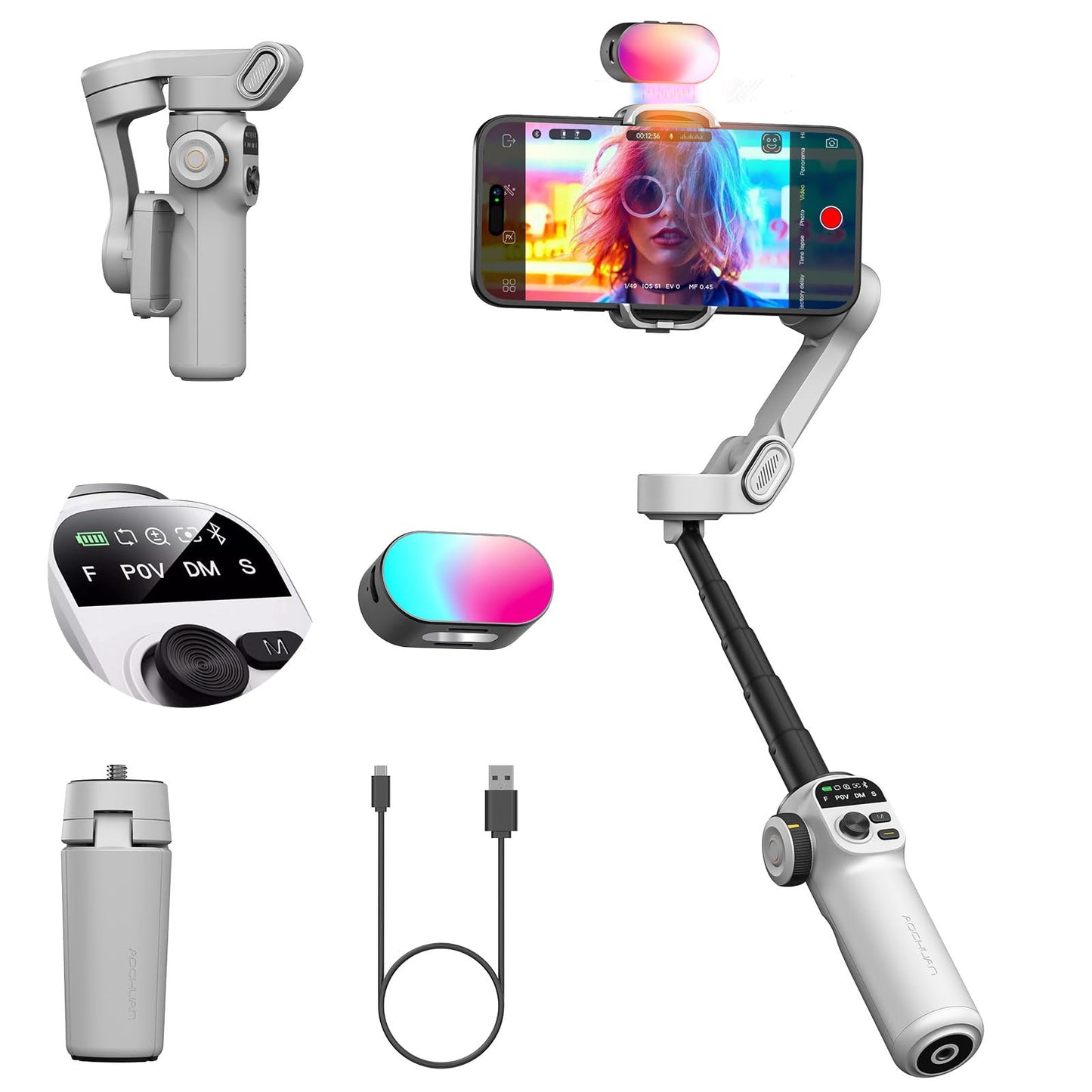 AOCHUAN Smart X2 3-Axis Gimbal Stabilizer for Smartphone with Adjustable RGB Fill Light, Built-in 20cm Extension Pole Selfie Stick, OLED Screen for Night Shots, Video Recording,X2 KIT White