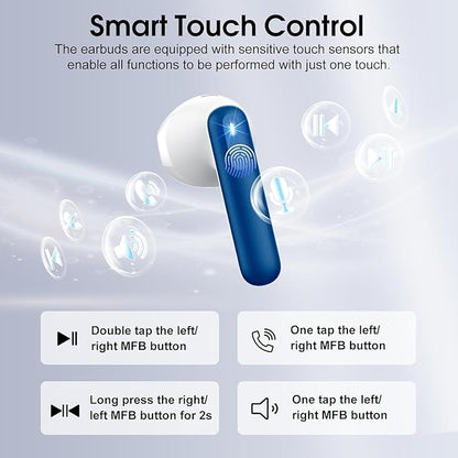 Wireless Earbuds, Bluetooth 5.4 Headphones with 3D Bass Stereo, 40H Ultralight in-Ear Buds, Bluetooth Earbuds with 4 ENC Noise Cancelling Mic, USB-C, IP7 Waterproof Earphones for Android iOS, Blue