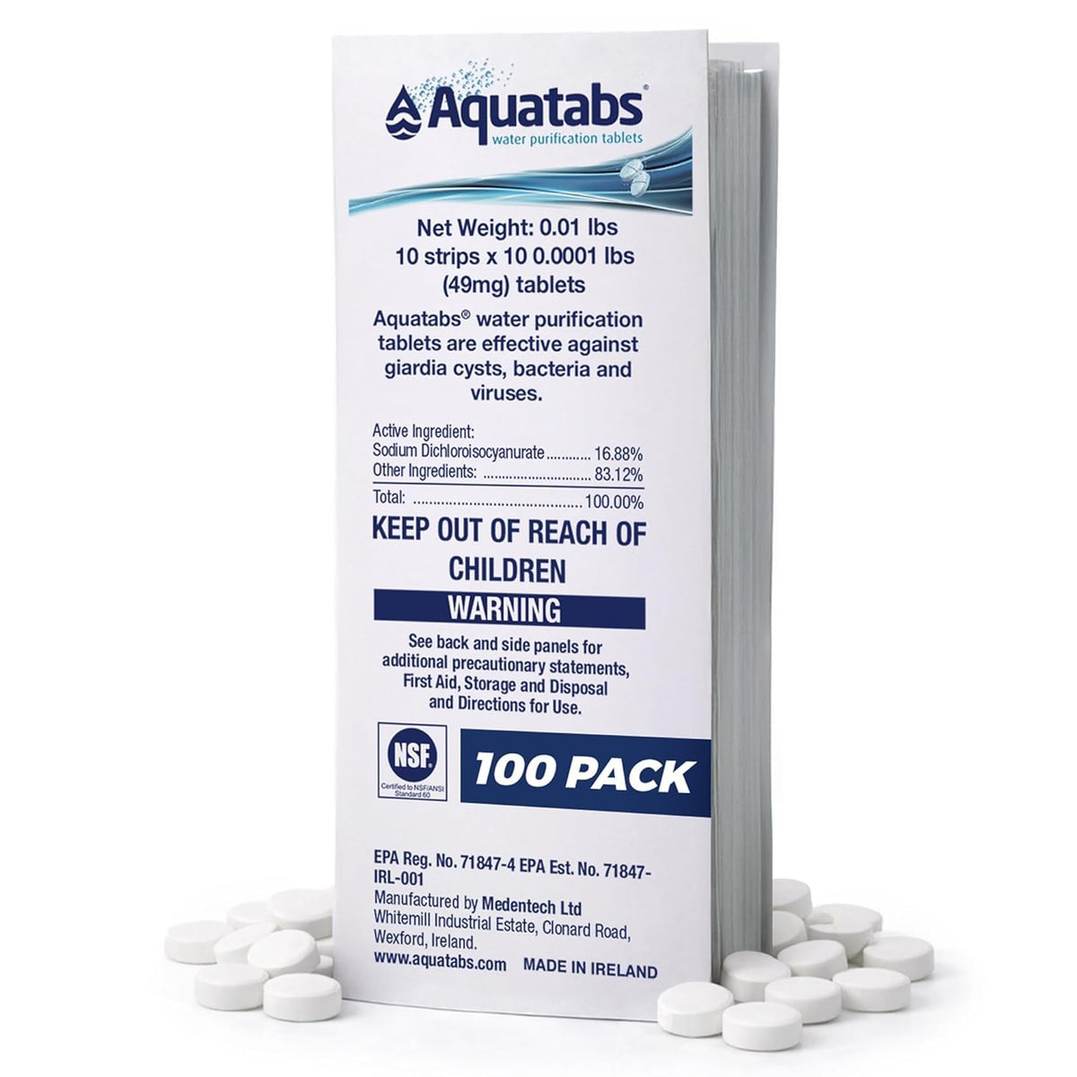Aquatabs 49mg Water Purification Tablets, 100 Pack, Hiking & Camping