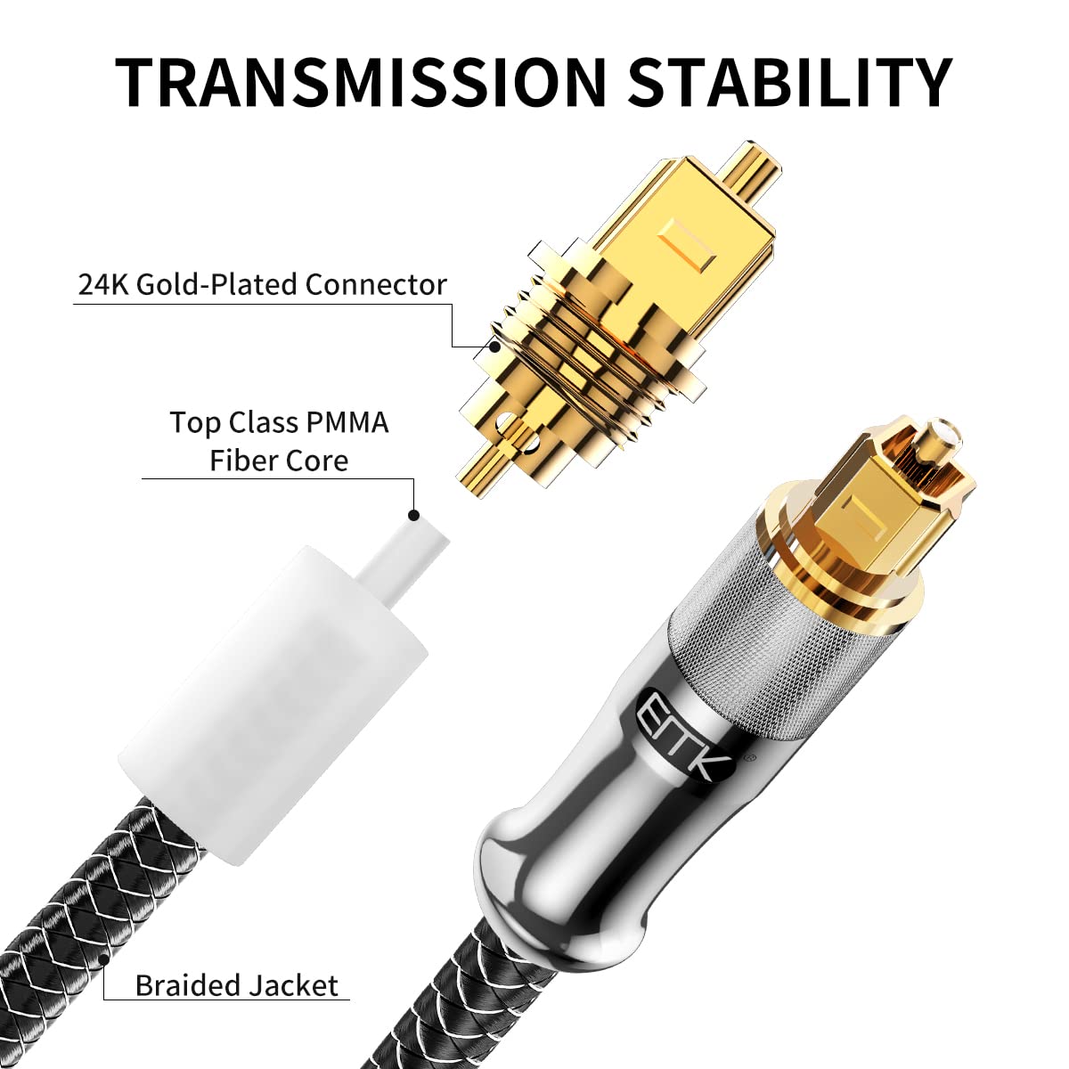 EMK 24K Gold-Plated Optical Audio Cable [10ft/3M] - Digital Toslink SPDIF Cable Compatible with Soundbar to TV, Home Theater - High-Speed Fiber Optic Cable (Silver)