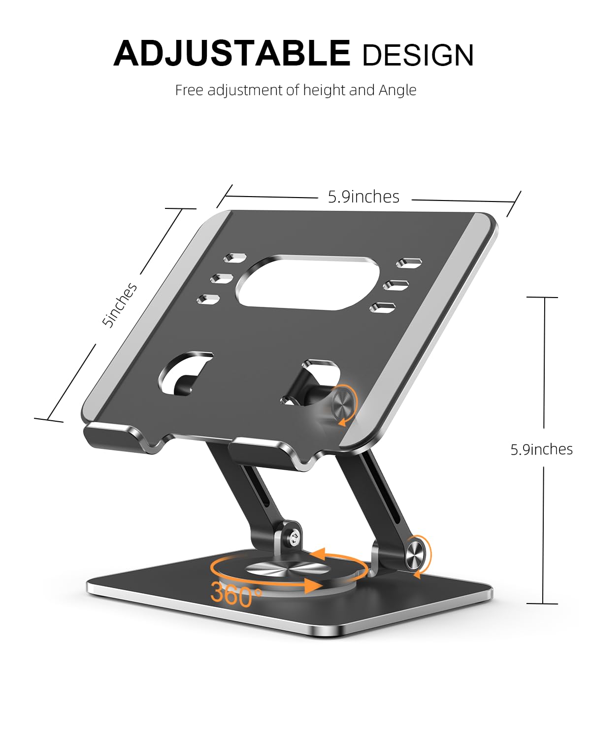 Orlian Tablet Stand Holder with Thickened 360°Rotating Base Dual Rod Adjustable Aluminum Stand for All 5.8-12.9” iPad Samsung Phone Tablet Kindle E-Reader and More, Black