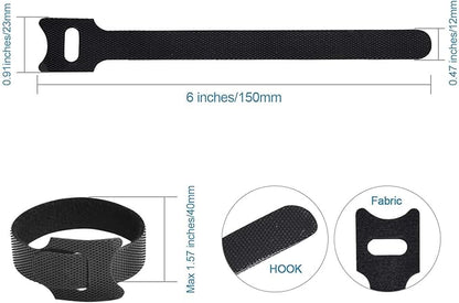 60PCS Fastening Cable Ties Reusable, Premium 6-Inch Adjustable Cord Ties, Microfiber Cloth Cable Management Straps Hook Loop Cord Organizer Wire Ties Reusable (Black Colors)