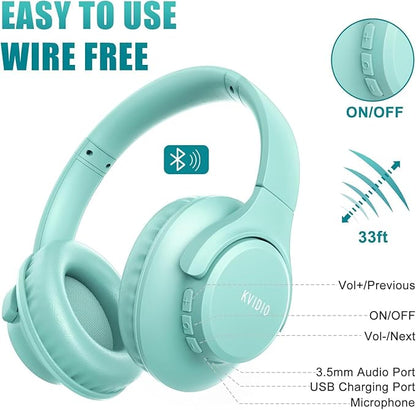 KVIDIO Bluetooth Headphones Over Ear, 65 Hours Playtime Wireless Headphones with Microphone, Foldable Lightweight Headset with Deep Bass, HiFi Stereo Sound Low Latency for Travel Work Cellphone