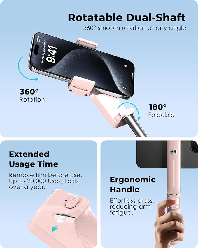 Viozon Portable Selfie Stick, Lightweight Extendable Stainless Steel Tube,All-in-One Compact Selfie Stick with Wireless Remote Compatible with 4-7" iPhone/Android Phones for Vlog/Travel/Filming, Pink