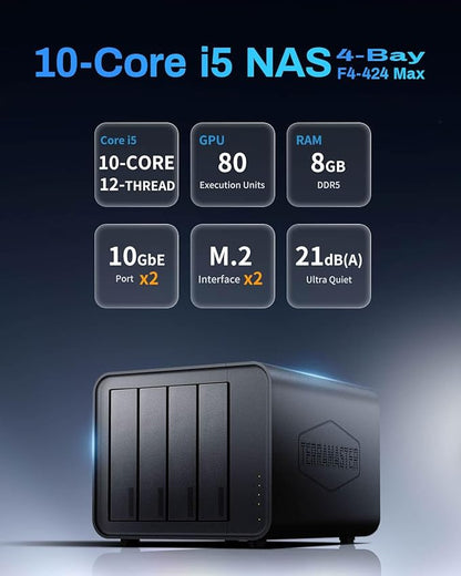 TERRAMASTER F4-424 Max NAS Storage - 4Bay Core i5 1235U 10-Cores 12-Threads, 8GB DDR5 RAM, Dual 10GbE Ports, Network Attached Storage Peak Performance for Business (Diskless)
