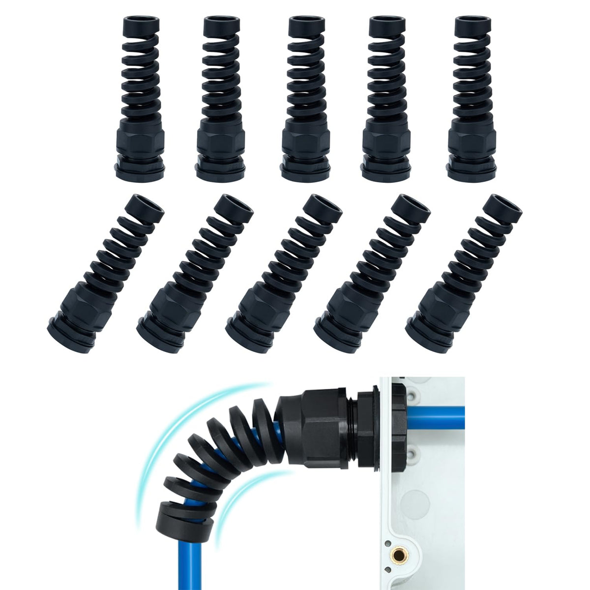 38 Pcs PG7~21 Kit Cable Gland 3-18mm Nylon Strain Relief Spring IP68 PA66
