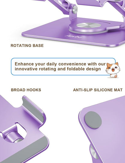 Tablet Stand 360° Rotating Aluminum Holder - Adjustable, Portable & Foldable Monitors Stand for iPads, Compatible with 4-13.3" Tablets, Purple