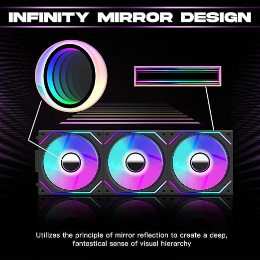 Jungle Leopard Interstellar V2 120mm PC Reverse Blade Case Fan Infinity Mirror Module Daisy-Chain ARGB Fan Triple Pack with Controller Suitable for Computer Case & 360mm AIO Cooler(Black-3pack)