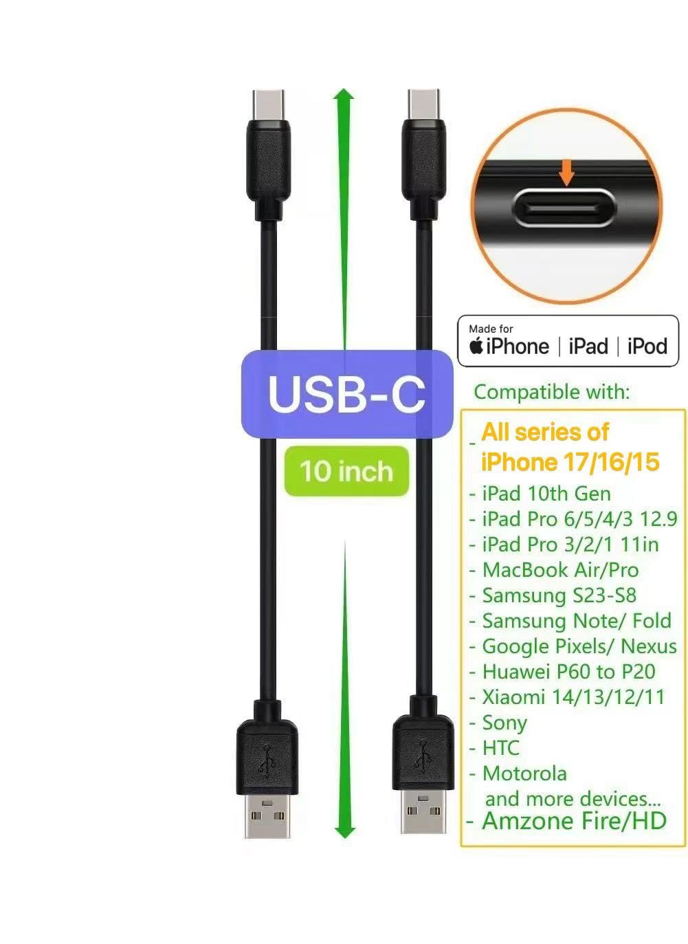 JuSoFU 10-Pack Multi Short USB Cables & TypeC-C Cables for Charging Stations Compatible/w iPhone17,16,15, iPhone14-5/ iPads/iPad mini/iPad Pros/Samsung Moblies & Tablets/Pixel & Nexus/HTC/Sony(Black)