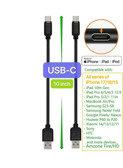 JuSoFU 10-Pack Multi Short USB Cables & TypeC-C Cables for Charging Stations Compatible/w iPhone17,16,15, iPhone14-5/ iPads/iPad mini/iPad Pros/Samsung Moblies & Tablets/Pixel & Nexus/HTC/Sony(Black)