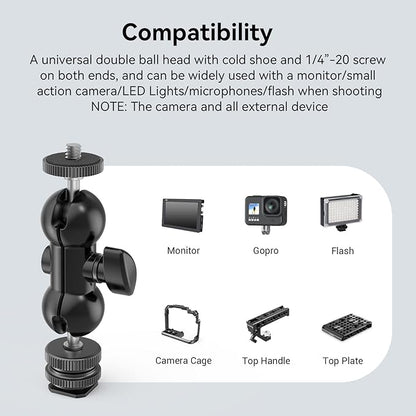 SmallRig Cool Ballhead, Multi-Function Double Ball Dead Adapter with Shoe Mount & 1/4" Screw for Monitors Led Light Microphone - 1135
