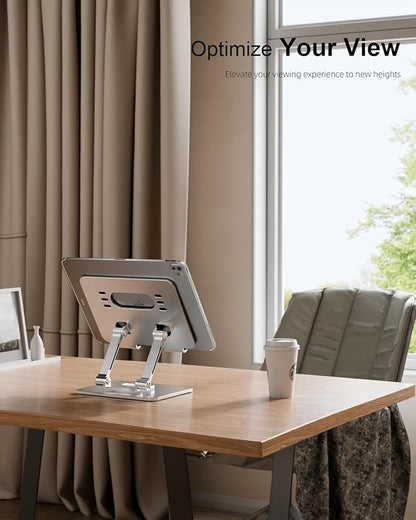 Tablet Stand Holder with Thickened 360°Rotating Base Dual Rod Adjustable Aluminum Stand for All 5.8-12.9” iPad Samsung Phone Tablet Kindle E-Reader and More, Silver