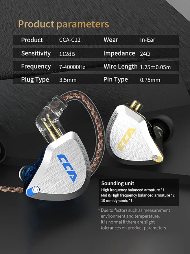 CCA C12 in Ear Monitor Headphones 5BA 1DD Hybrid HiFi IEM Earphones Noise Isolating Stereo Wired Earbuds for Musicians Audiophile Singers DJ