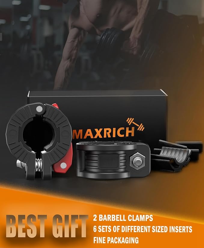 MAXRICH Barbell Clamp 1 inch Multiple Sizes & Adjustable Weight Clips for Quick Release Barbell Collars