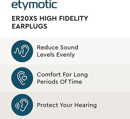 Etymotic ER20XS ETY Earplugs Set - High-Fidelity Hearing Protection - Up to 20 dB Sound Reduction - Reusable - Includes 1 Pair of Large, Standard, and Foam Eartips, Neck Cord & Case