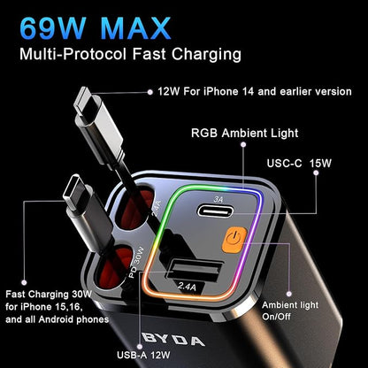[2025 Mirco-Version] 4 in 1 Retractable Car Charger,69W Car Charger USB C,Cigarette Lighter Adapter,Fast Charging for iPhone 16e/16/15/14,13,Android (Orange, for Lightning+USB-C)