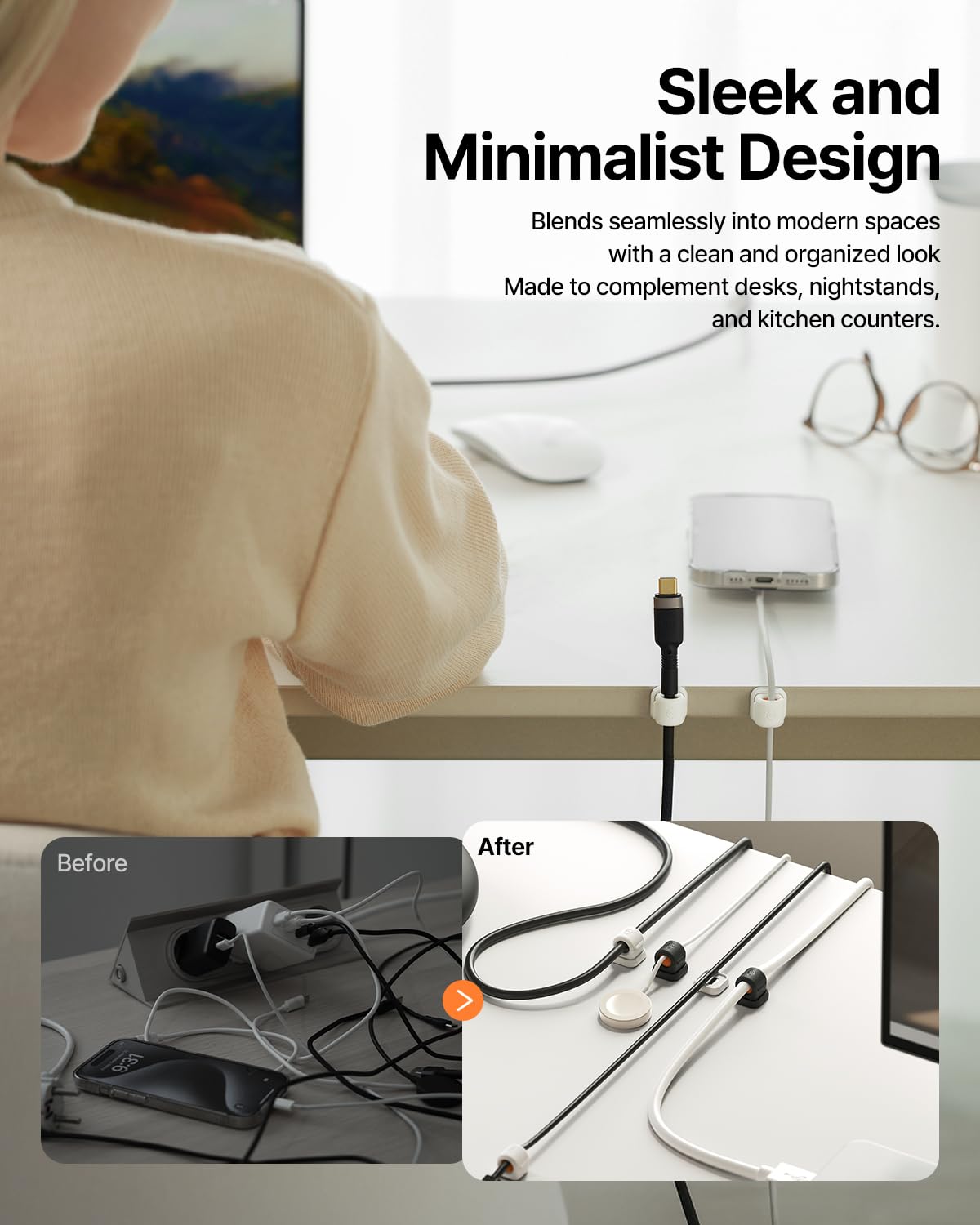 Sinjimoru Magnetic Cable Clips 6 Pack, Cord Organizer for Desk, White
