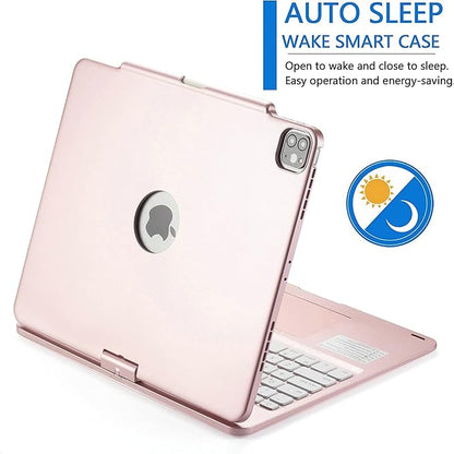 360° Rotatable Keyboard Case for iPad Air 13 inch (M3/M2-2025/2024)/Pro 12.9 (6th, 5th, 4th, 3rd Gen) with TouchPad, Backlits Aluminum Alloy Smart Case with trackpad Keyboard, Rose Gold