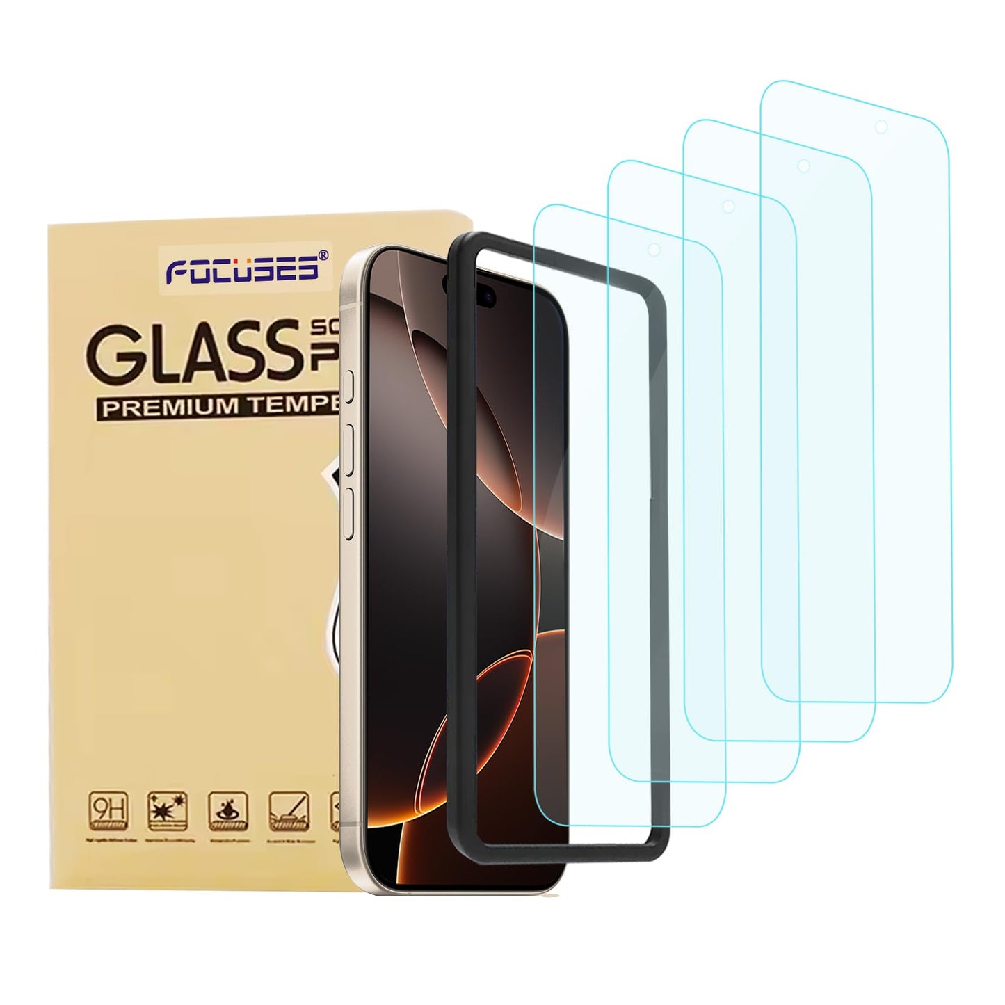Focuses 4 Pack Anti Blue Light Screen Protector for iPhone 16,iPhone15 [6.1inch] with Installation Frame,9H+ Anti Blue Light Tempered Glass, Anti-Scratch, Case Friendly