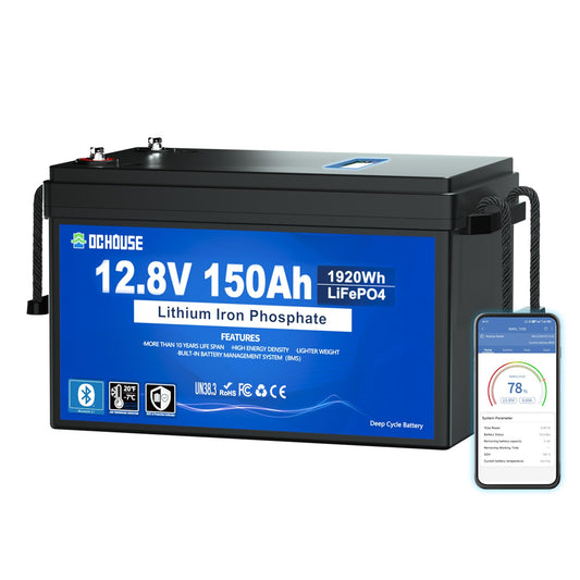 DC HOUSE 12V 150Ah LiFePO4 Lithium Battery with SOC Status Indicators, Bluetooth & Low Temp Cut-off, 12V Lithium Battery up to 15000 Cycles, 120A BMS Perfect for Trolling Motors, Marine, Solar, RV