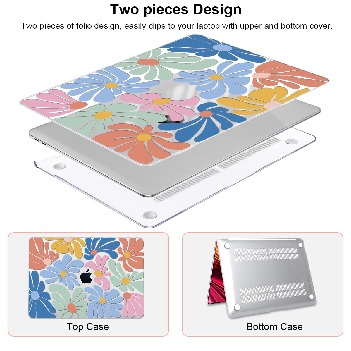 LCMOCICO for MacBook Air 13 inch Case 2021 2020 2019 2018 A2337 M1 A2179 A1932 Cover with Touch ID, Crystal Plastic Printed Pattern Hard Shell Case Keyboard Skin Screen Protector, Colorful Flowers