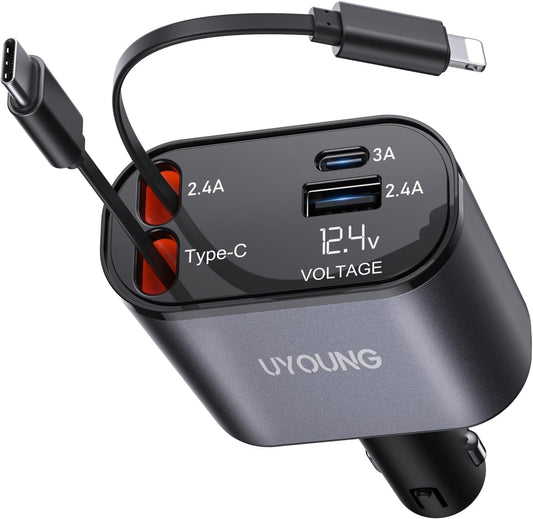 iPhone Car Charger, Retractable Fast Car Phone Charger 100w for CarPlay, 4 in 1 Car Charger Adapter with 2 Cables 31.5 Inch and 2 USB Ports, Compatible with iPhone 17/16/15/14/13/12/11 Pro/Samsung