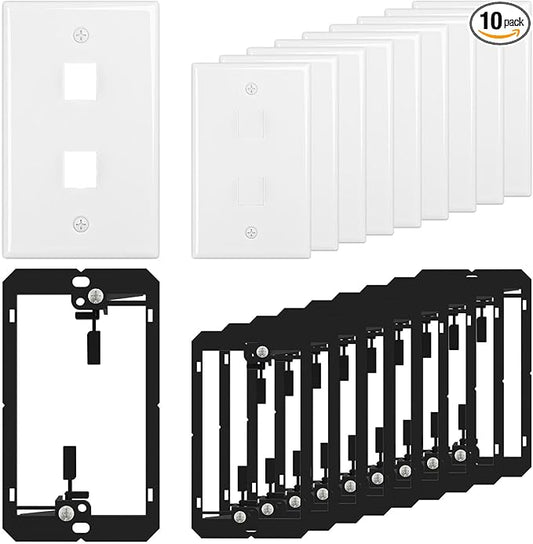 FGB 2-Port Keystone Wall Plate, with Low Voltage Mounting Bracket, with Single Gang Decorator Wall for RJ45, HDMI, and Coax Keystone Inserts, White, 10-Pack