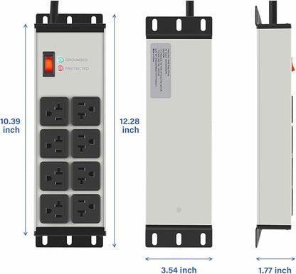 CCCEI Heavy Duty Power Strip Surge Protector 20 AMP, 8 Outlets 12 Gauge Industrial Shop Garage Metal Multiple Outlets, 10 FT Extension Cord 5-15P Adapter High Amp 6-20R T-Slot 20a for Appliance