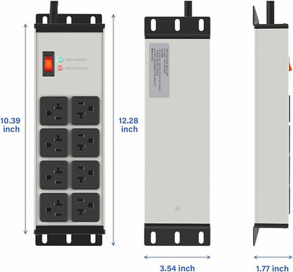 CCCEI Grey Heavy Duty Power Strip Surge Protector 20 AMP, 8 Outlets 12 Gauge Industrial Shop Garage Metal Multiple Outlets, 25 FT Extension Cord 5-15P Adapter High Amp 6-20R T-Slot 20a for Appliance