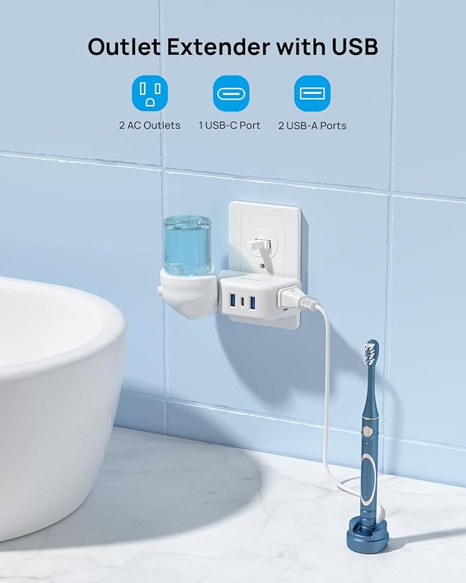 TROND Outlet Extender with USB, Wall Splitter with 2 AC Sockets, 3 USB Ports, 3-Side Design Wall Plug Adapter, Cruise Essentials, Plug Extension Outlet for Travel Home Office, White
