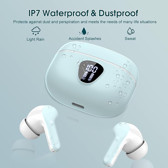 Wireless Earbuds, Bluetooth 5.4 Headphones HiFi Stereo, Bluetooth Earbuds with ENC Noise Cancelling Mic, IP7 Waterproof in Ear Earphones, 48H, LED Display Ear buds for Pad Workout Sports, Azure