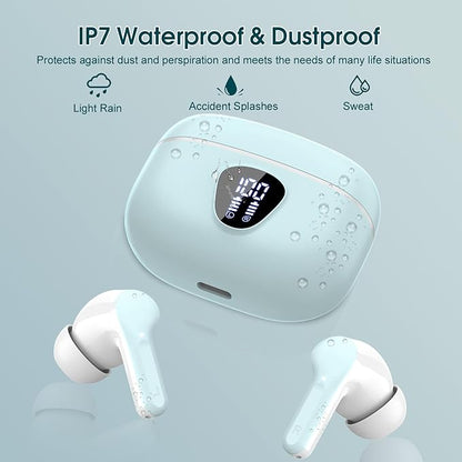 Wireless Earbuds, Bluetooth 5.4 Headphones HiFi Stereo, Bluetooth Earbuds with ENC Noise Cancelling Mic, IP7 Waterproof in Ear Earphones, 48H, LED Display Ear buds for Pad Workout Sports, Azure