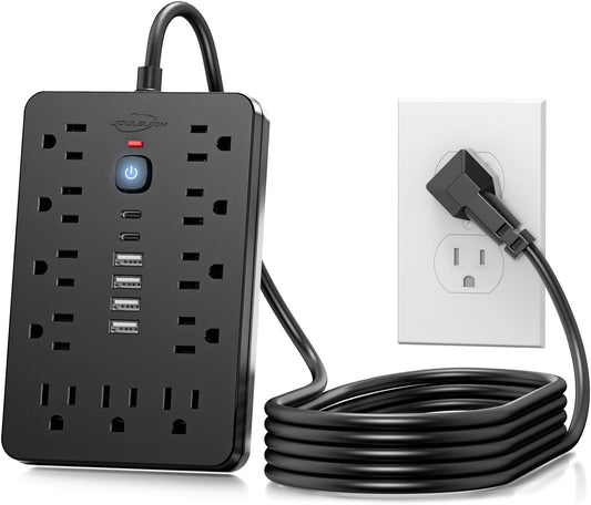 JouleLoom 15 FT Flat Plug Surge Protector Power Strip,11 Multiple AC Outlets with 6 USB Ports (2 USB C), 15 Feet Extension Cord, 1250W/10A, One Touch Switch Button, 17 in 1 Compact powerstrip
